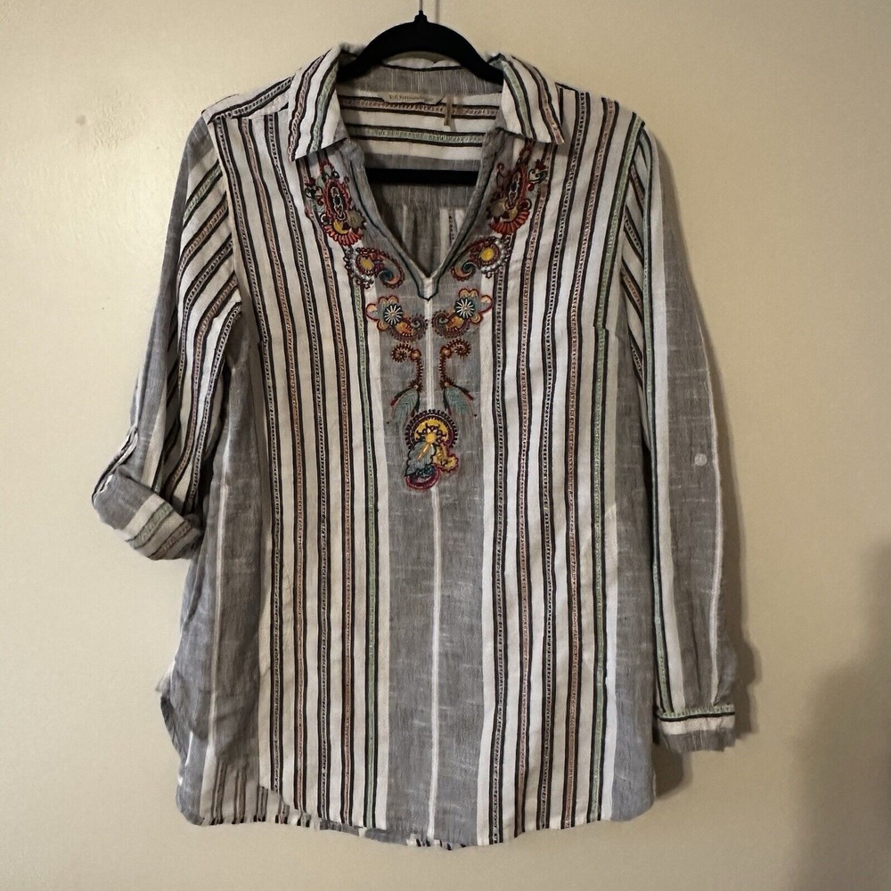Soft Surroundings Floral Embroidery Top Paisley Tunic Stripe Pocket Roll Tab M‎ - Picture 2 of 16